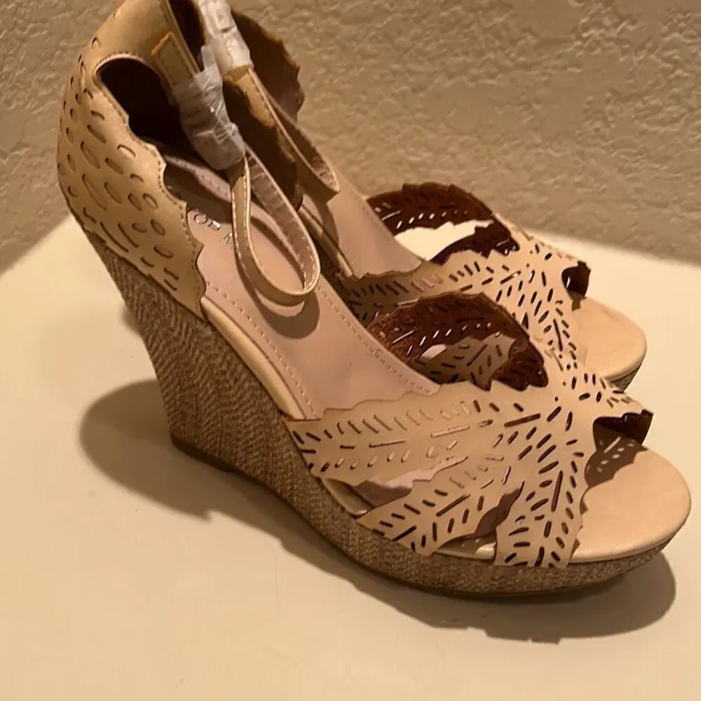 Top Moda Women's 10 Laser Cut Strappy Wedge Heel Beige Tan Neutral Coastal Beach